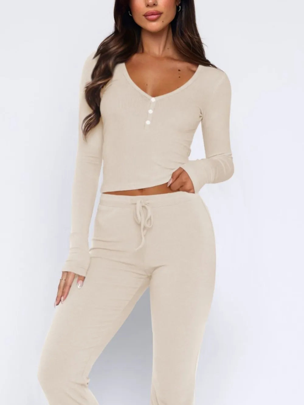 V-Neck Long Sleeve Top and Pants Set - Korvel