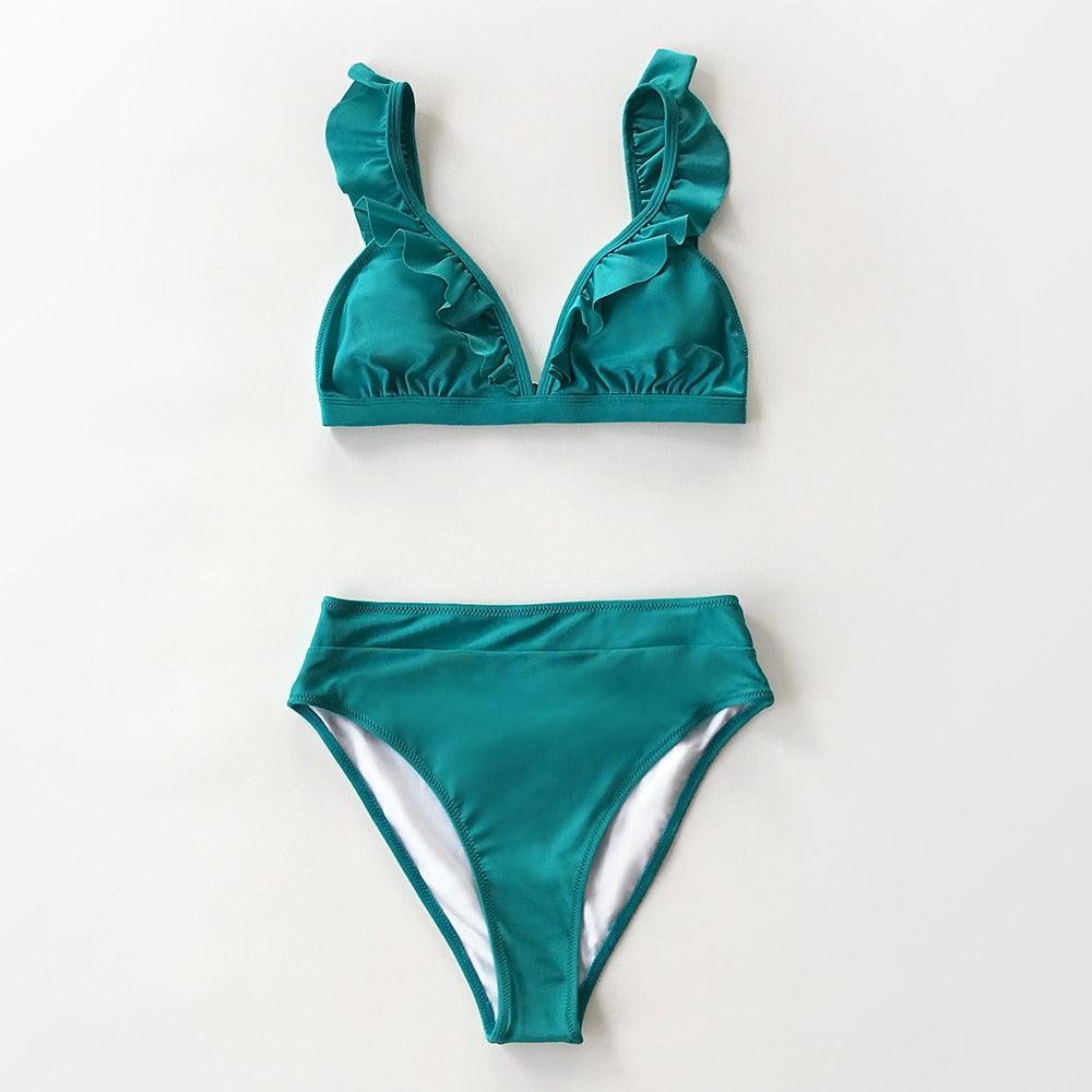 Ensemble de bikini taille haute à volants en V pour femmes