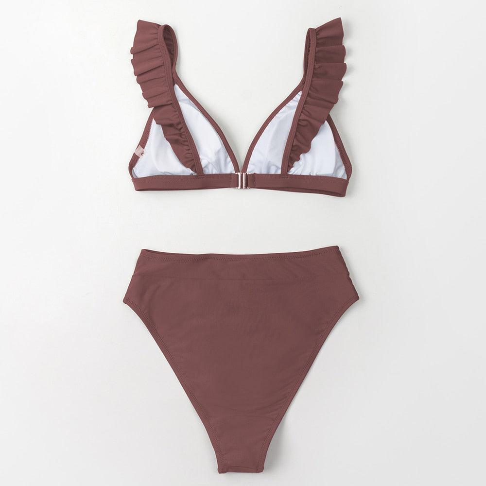 Ensemble de bikini taille haute à volants en V pour femmes