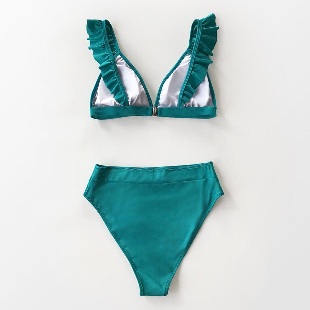 Ensemble de bikini taille haute à volants en V pour femmes