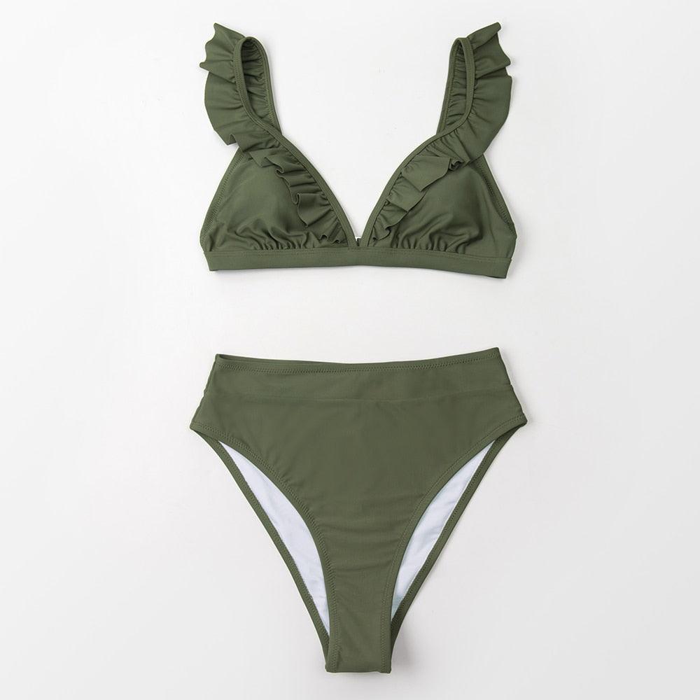 Ensemble de bikini taille haute à volants en V pour femmes