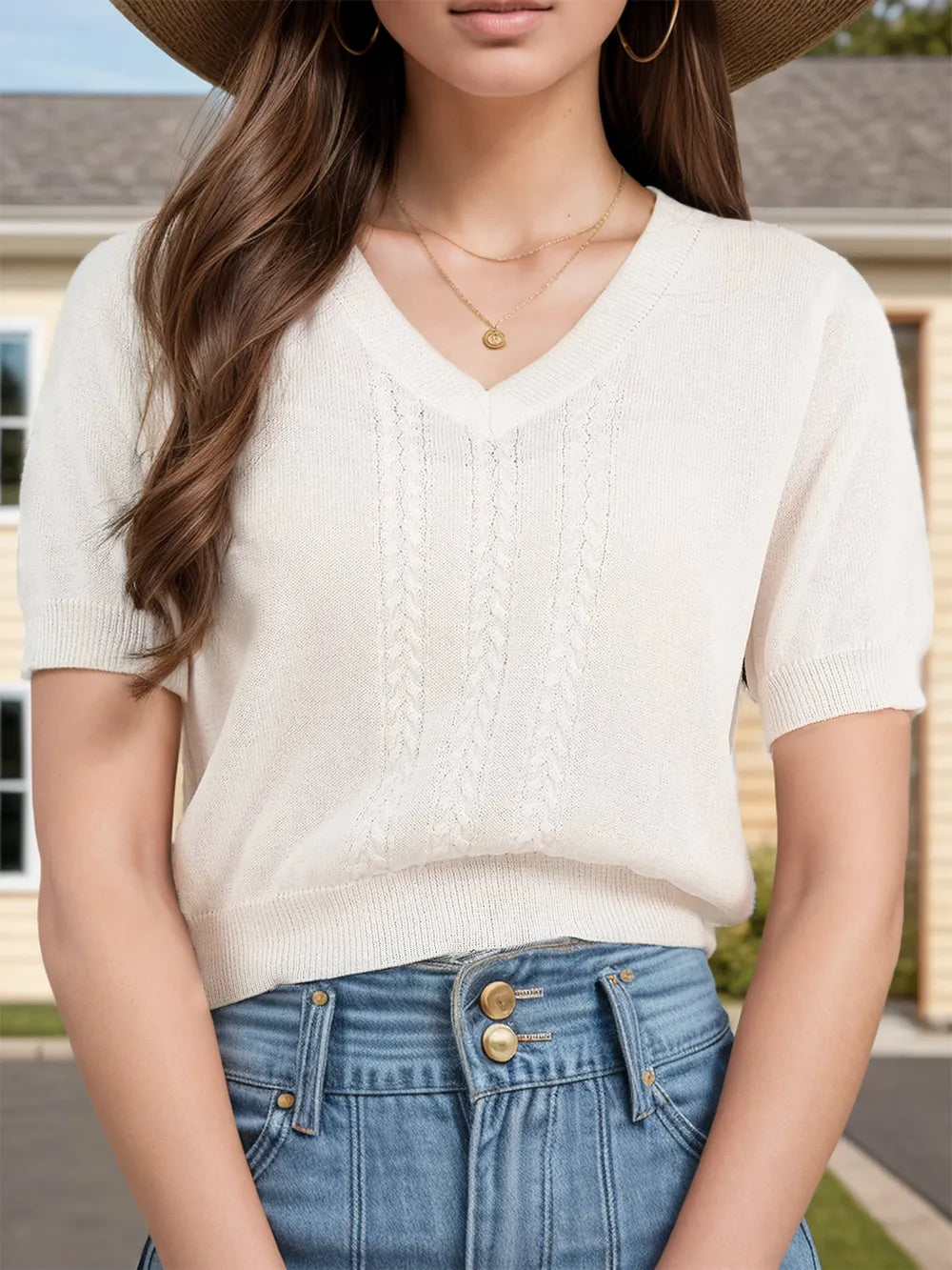 V-Neck Short Sleeve Knit Top - Korvel