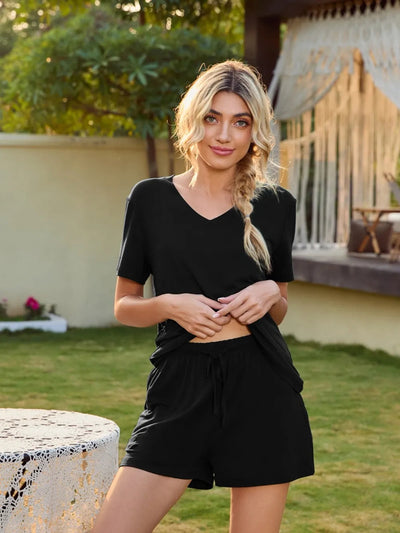 V-Neck Short Sleeve Top and Pocketed Shorts Lounge Set - Korvel