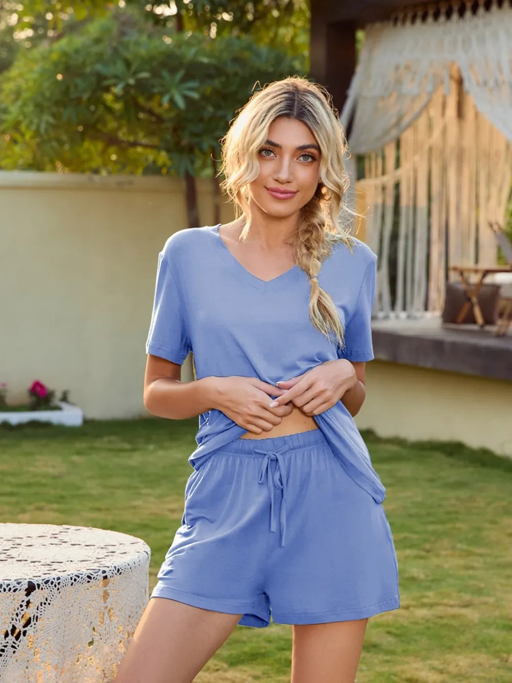 V-Neck Short Sleeve Top and Pocketed Shorts Lounge Set - Korvel