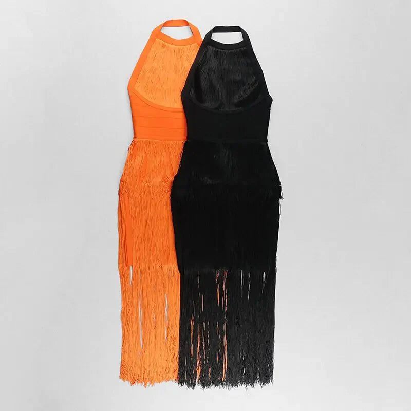Robe dos nu à col halter avec franges