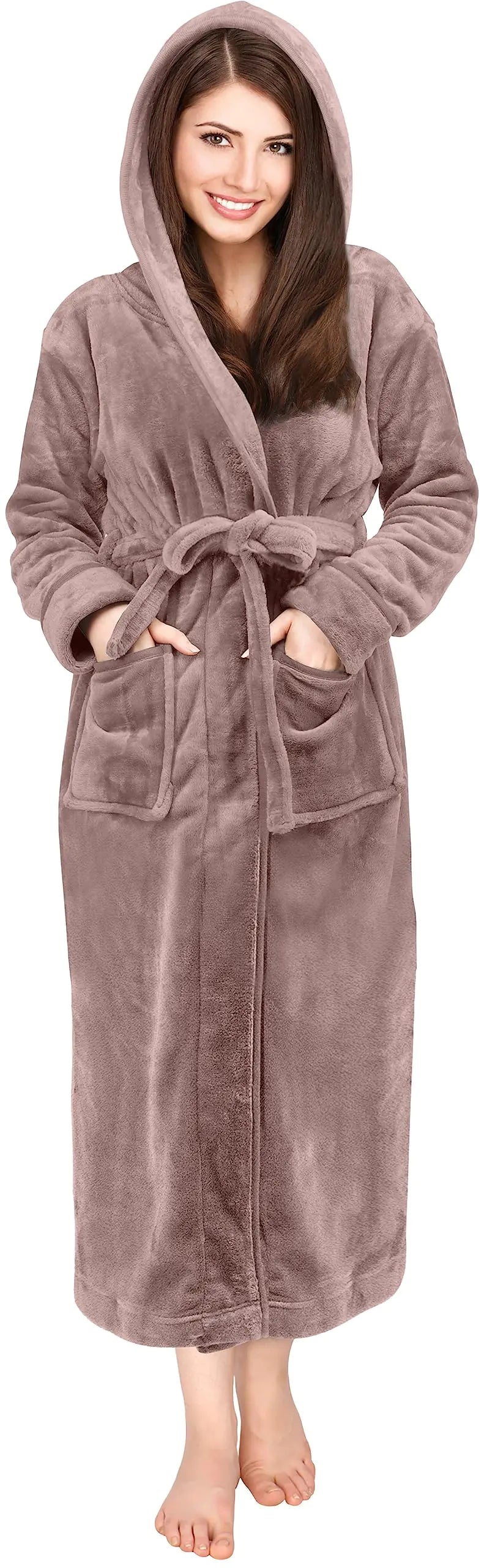 Bata de baño con capucha de felpa para mujer de NY Threads - Taupe