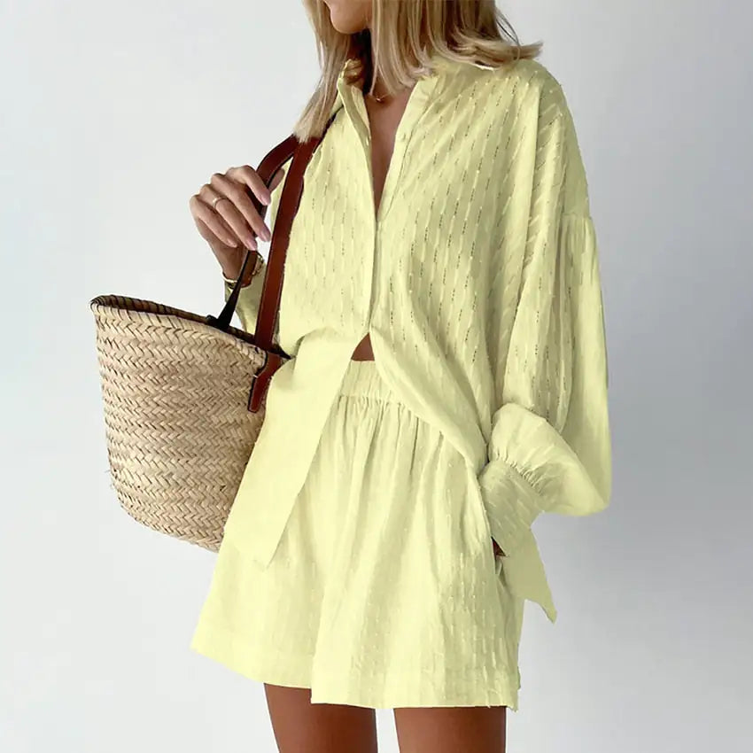 Lantern Sleeve Loose Shirt and Shorts Set