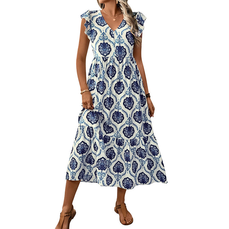 Vacation style loose deep V-neck printed long dress - Korvel