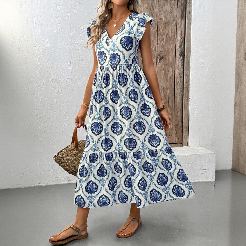 Vacation style loose deep V-neck printed long dress - Korvel