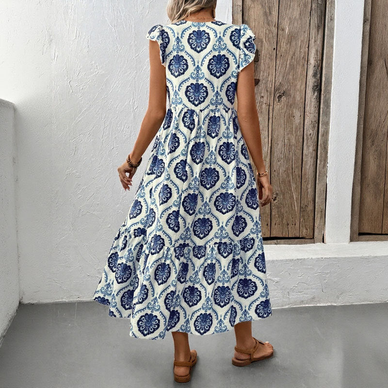 Vacation style loose deep V-neck printed long dress - Korvel