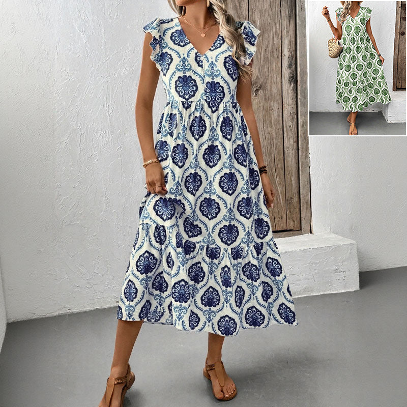 Vacation style loose deep V-neck printed long dress - Korvel