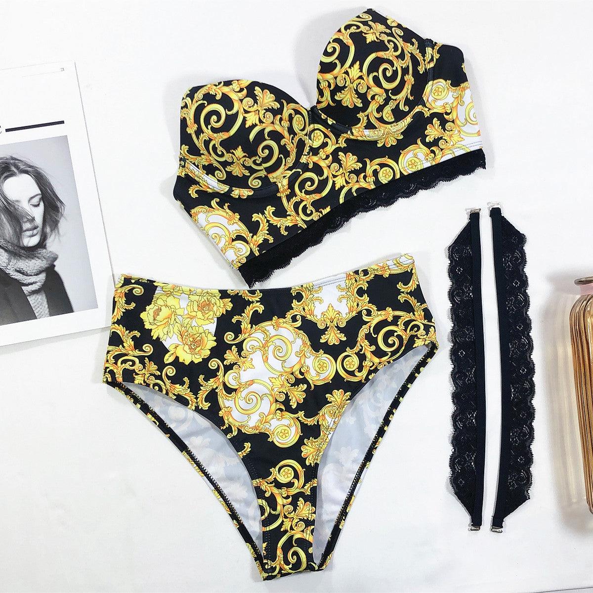 Vintage Black Print Women's High Waist Bikini Set
