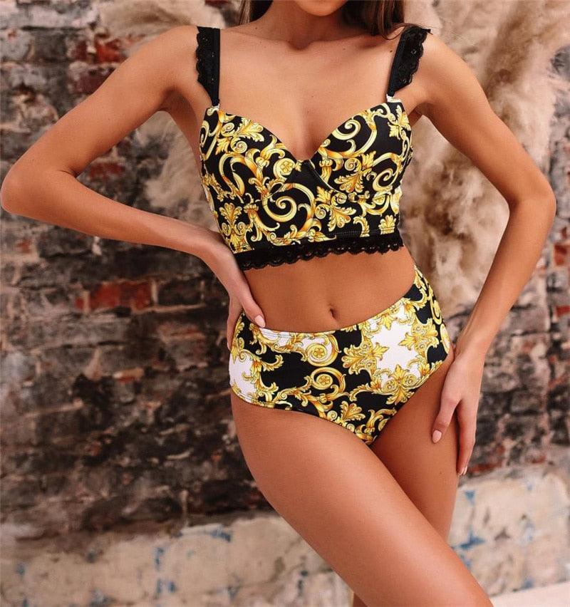Vintage Black Print Women's High Waist Bikini Set