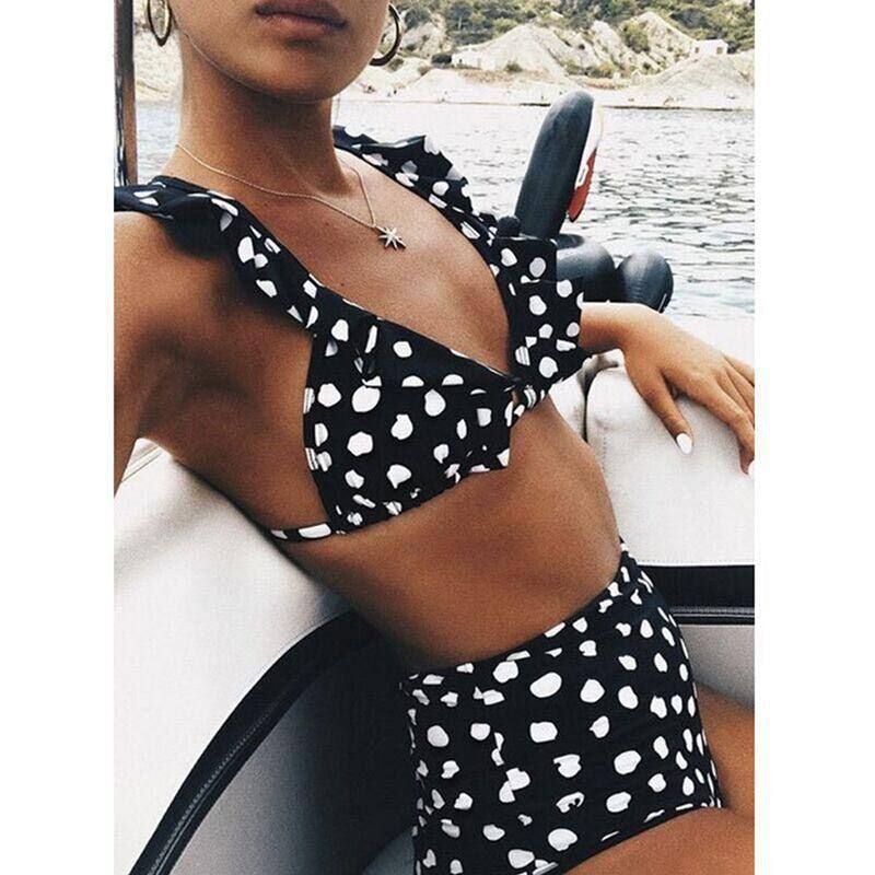 Bikini de Cintura Alta Vintage en Blanco y Negro para Mujeres