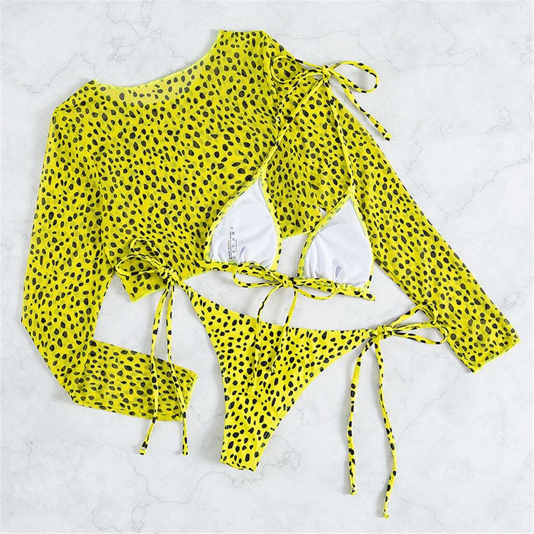 Chic Leopard Print Long Sleeve Bikini Set for Women - Stylish Swimwear - Korvel