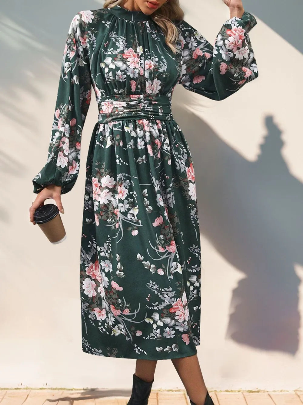 Vintage printed elegant high waisted dress with long sleeves and stand up collar women's long skirt - Korvel