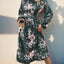 Vintage printed elegant high waisted dress with long sleeves and stand up collar women's long skirt - Korvel