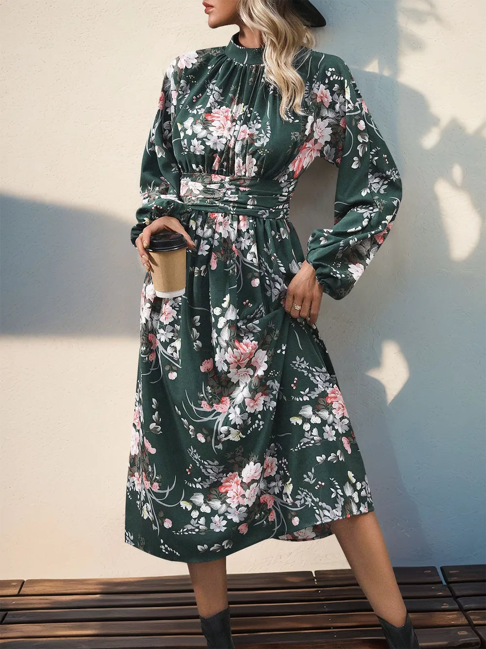 Vintage printed elegant high waisted dress with long sleeves and stand up collar women's long skirt - Korvel