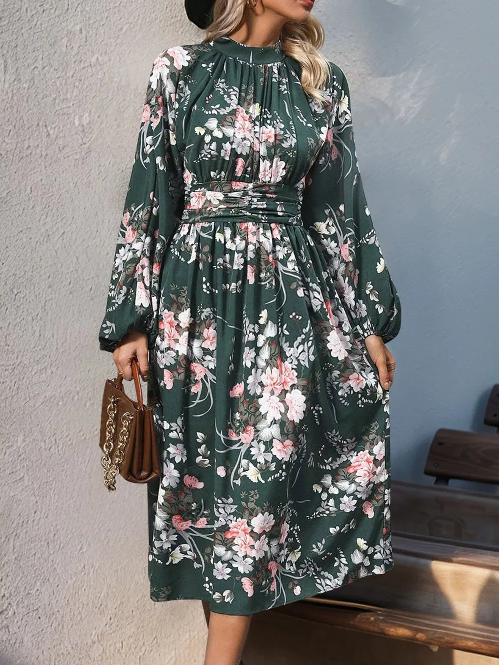 Vintage printed elegant high waisted dress with long sleeves and stand up collar women's long skirt - Korvel