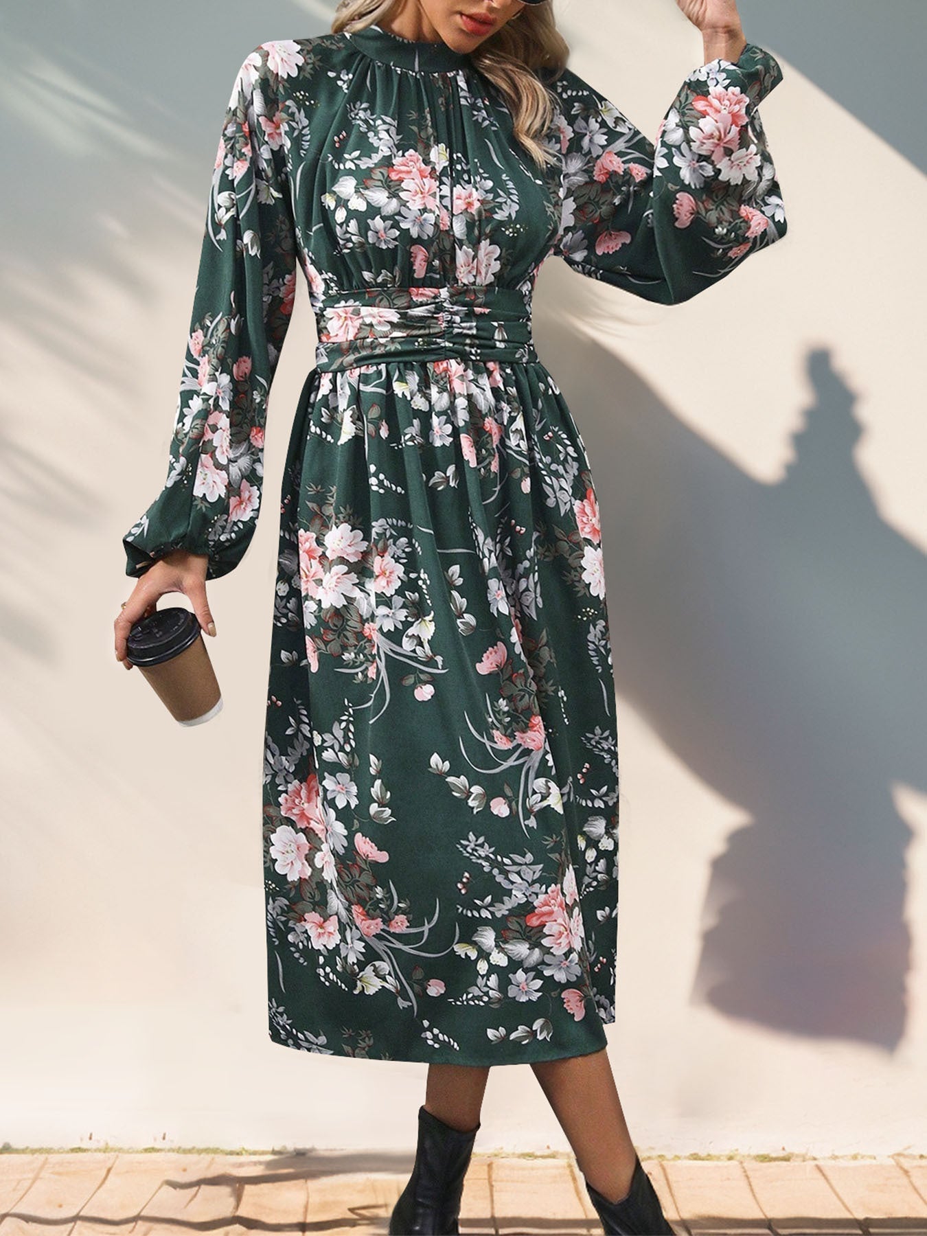 Vintage printed elegant high waisted dress with long sleeves and stand up collar women's long skirt - Korvel