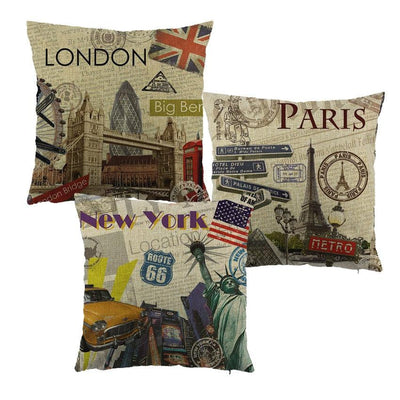 Vintage City Printed Cushion Covers - New York, London, Paris