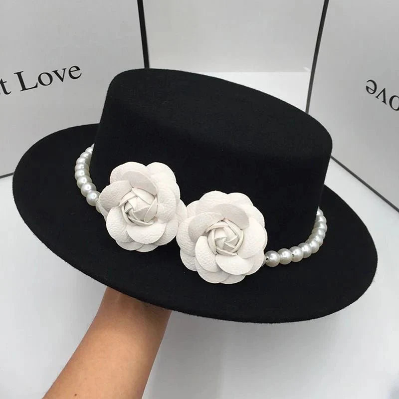 Chapeau de paille en laine décoré de fleurs en perles pour femmes - Style fedora classique