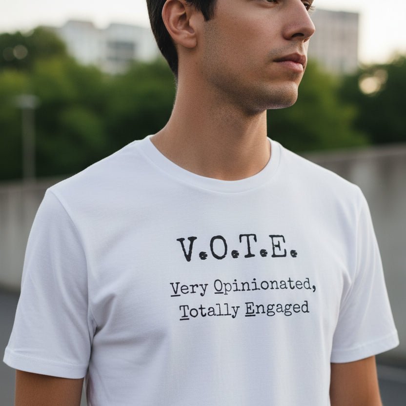 Camiseta Unisex V.O.T.E. - Muy Opinado, Totalmente Comprometido