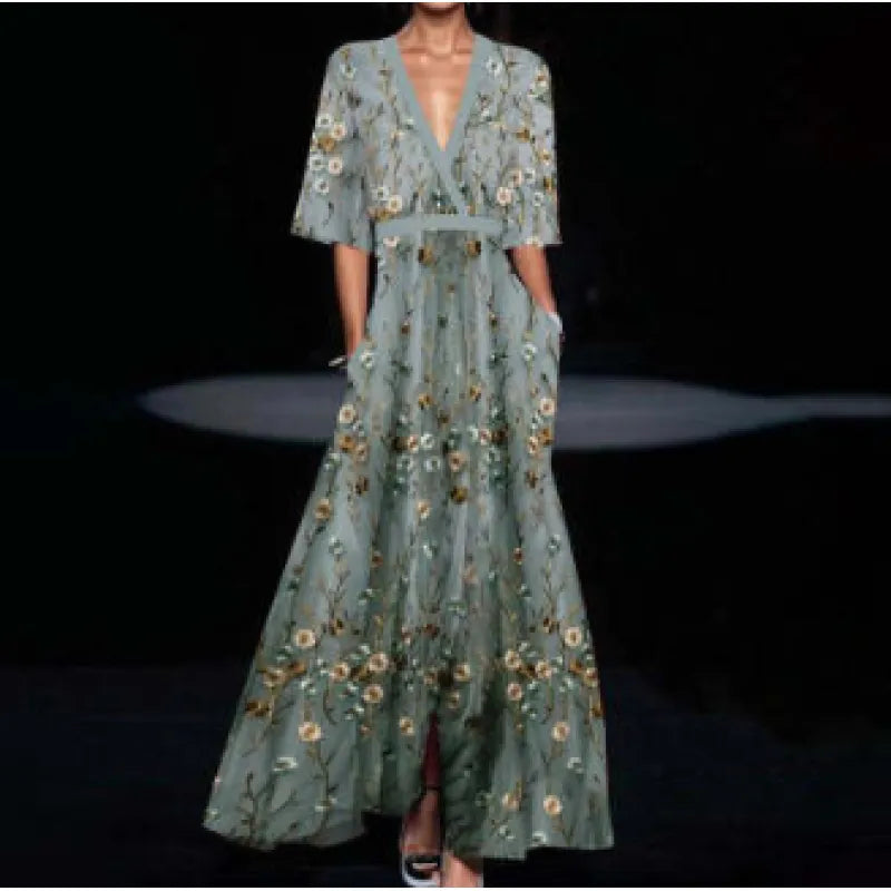 Elegant Printed Pleated Belt Dress