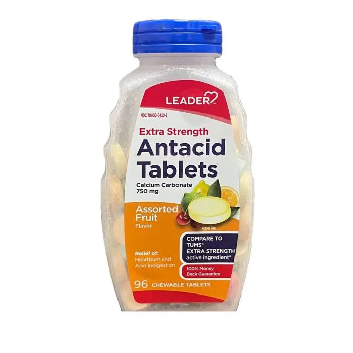 Leader Extra Strength Antacid Chewable Tablets, Assorted Fruit, 96 ct