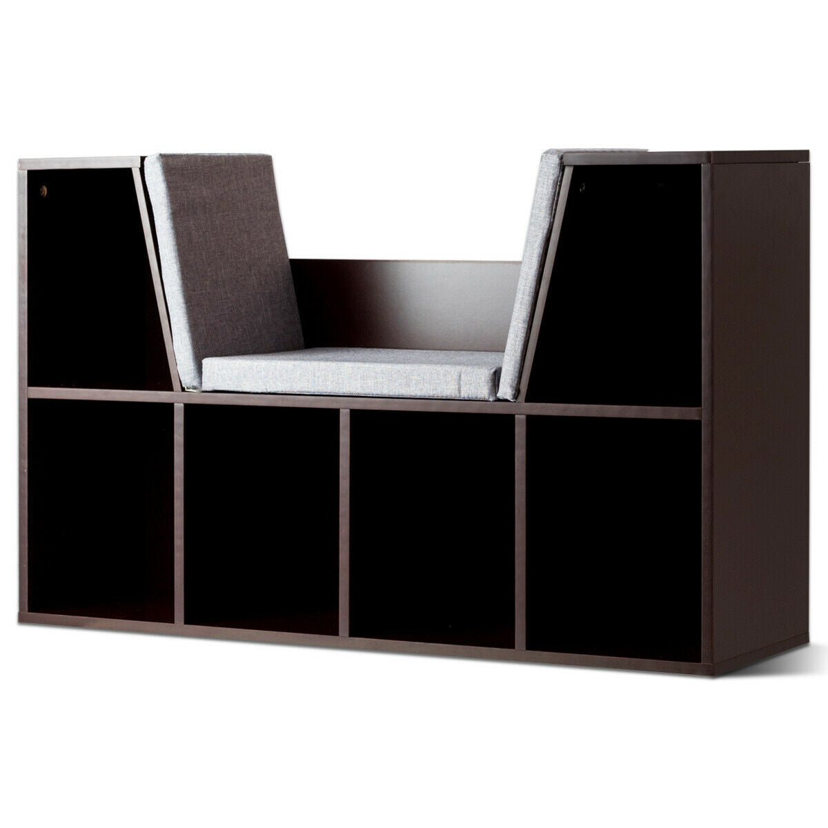 6-Cubby Kid Storage Bookcase with Cushioned Reading Nook - Brown