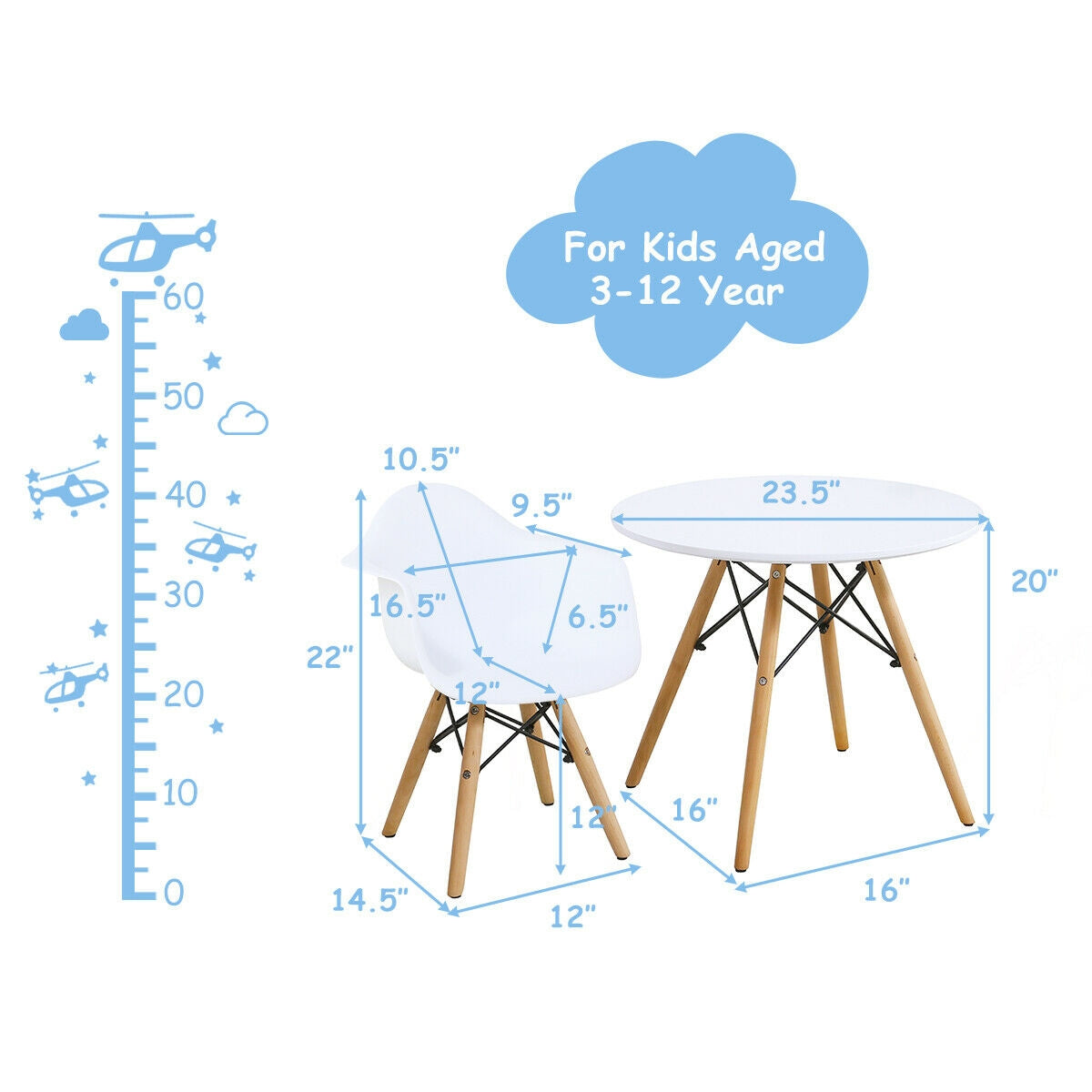 3-Piece Kid's Modern Round Table and Chair Set