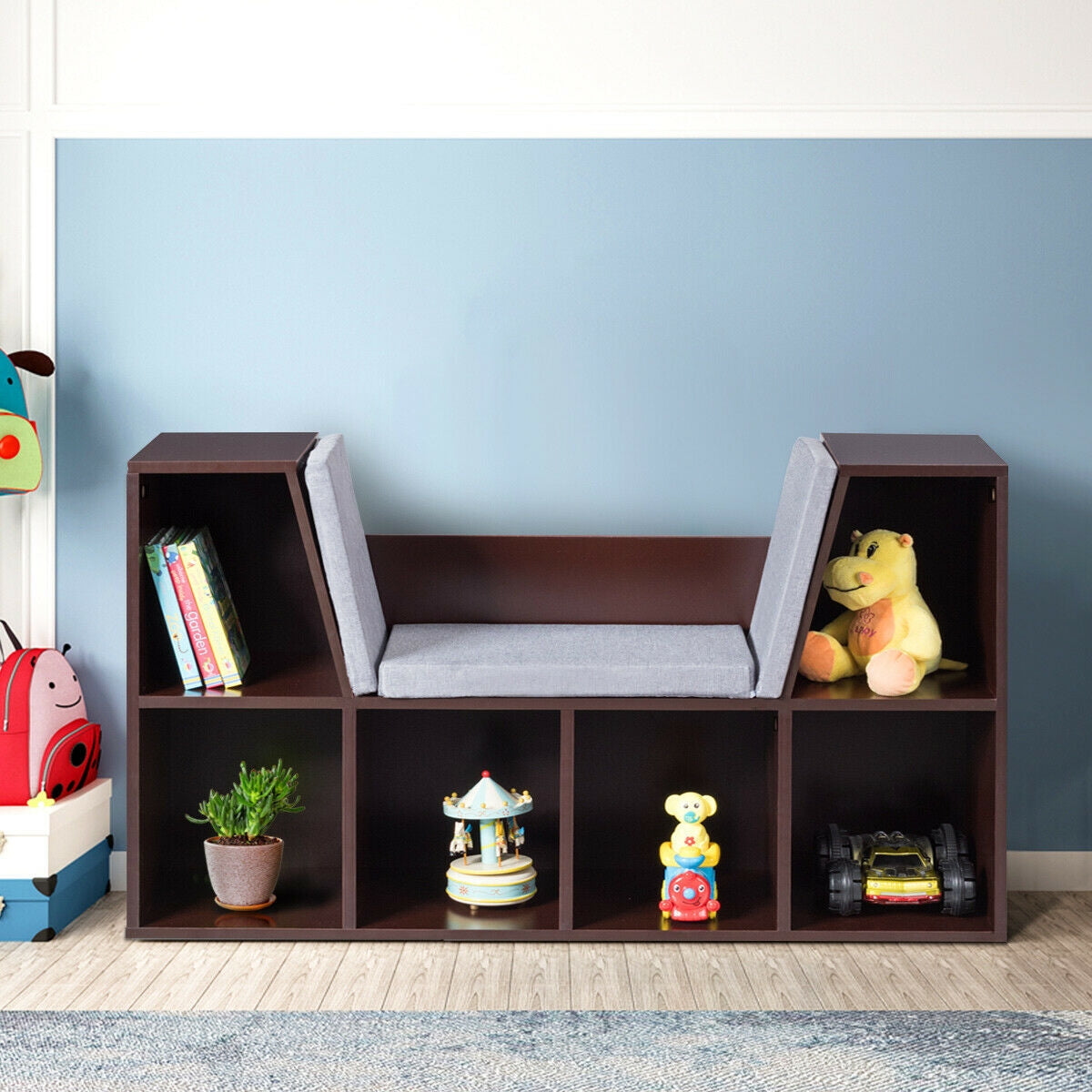 6-Cubby Kid Storage Bookcase with Cushioned Reading Nook - Brown