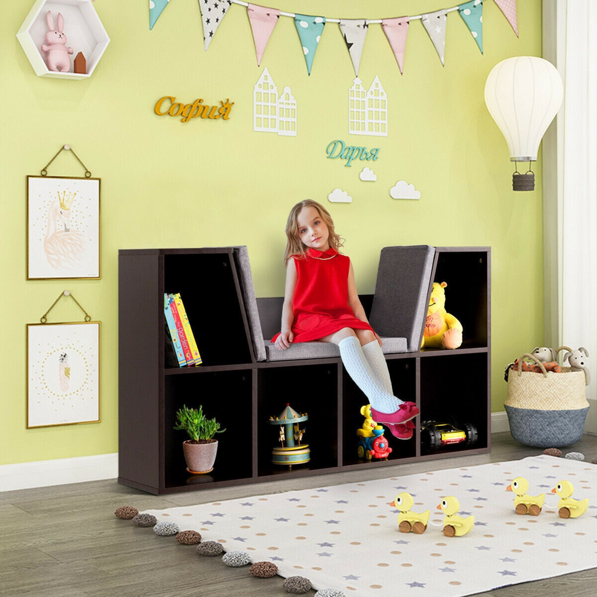 6-Cubby Kid Storage Bookcase with Cushioned Reading Nook - Brown