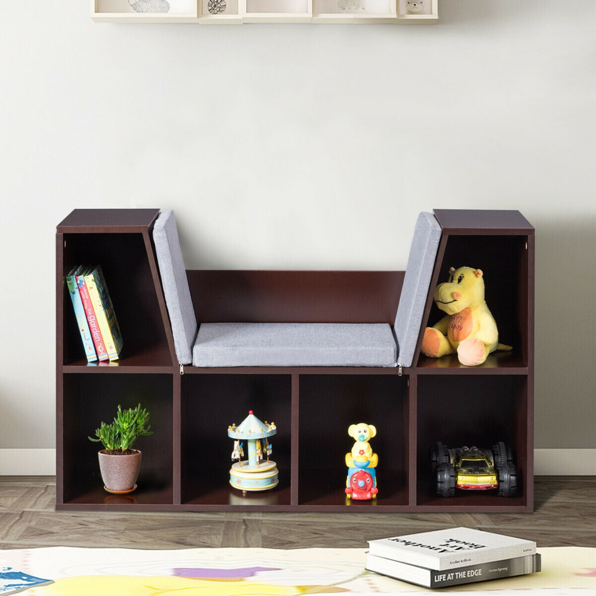 6-Cubby Kid Storage Bookcase with Cushioned Reading Nook - Brown