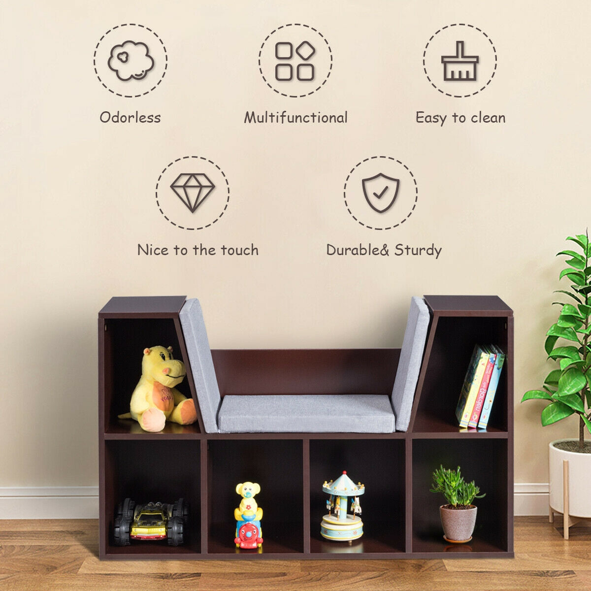 6-Cubby Kid Storage Bookcase with Cushioned Reading Nook - Brown