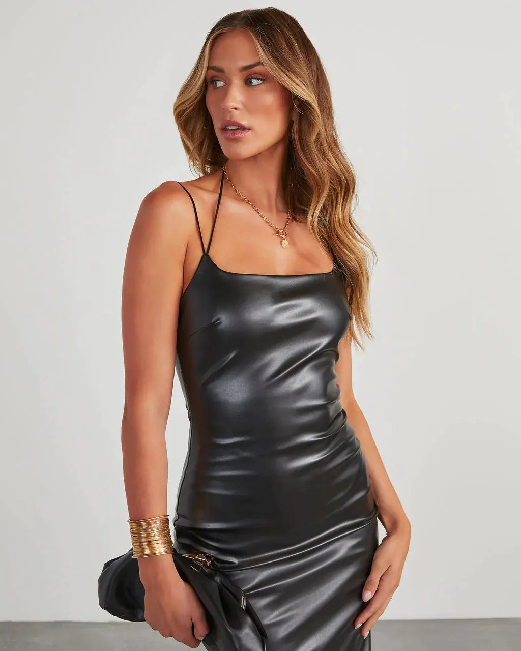 Falda Sheath de Cuero PU con Abertura y Tirantes Bandeau
