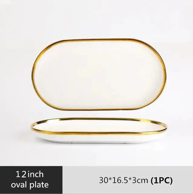 Ensemble de Plateaux à Dîner en Porcelaine Blanche à Bord Doré Mat
