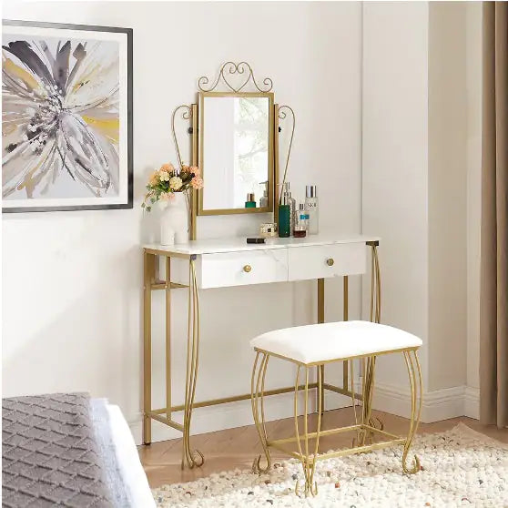 Ensemble de coiffeuse blanche élégante avec miroir et tabouret