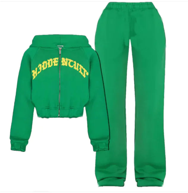 Ensemble de Sport Ins Letter : Sweat à Capuche Cropped avec Fermeture Éclair & Pantalons à Cordon