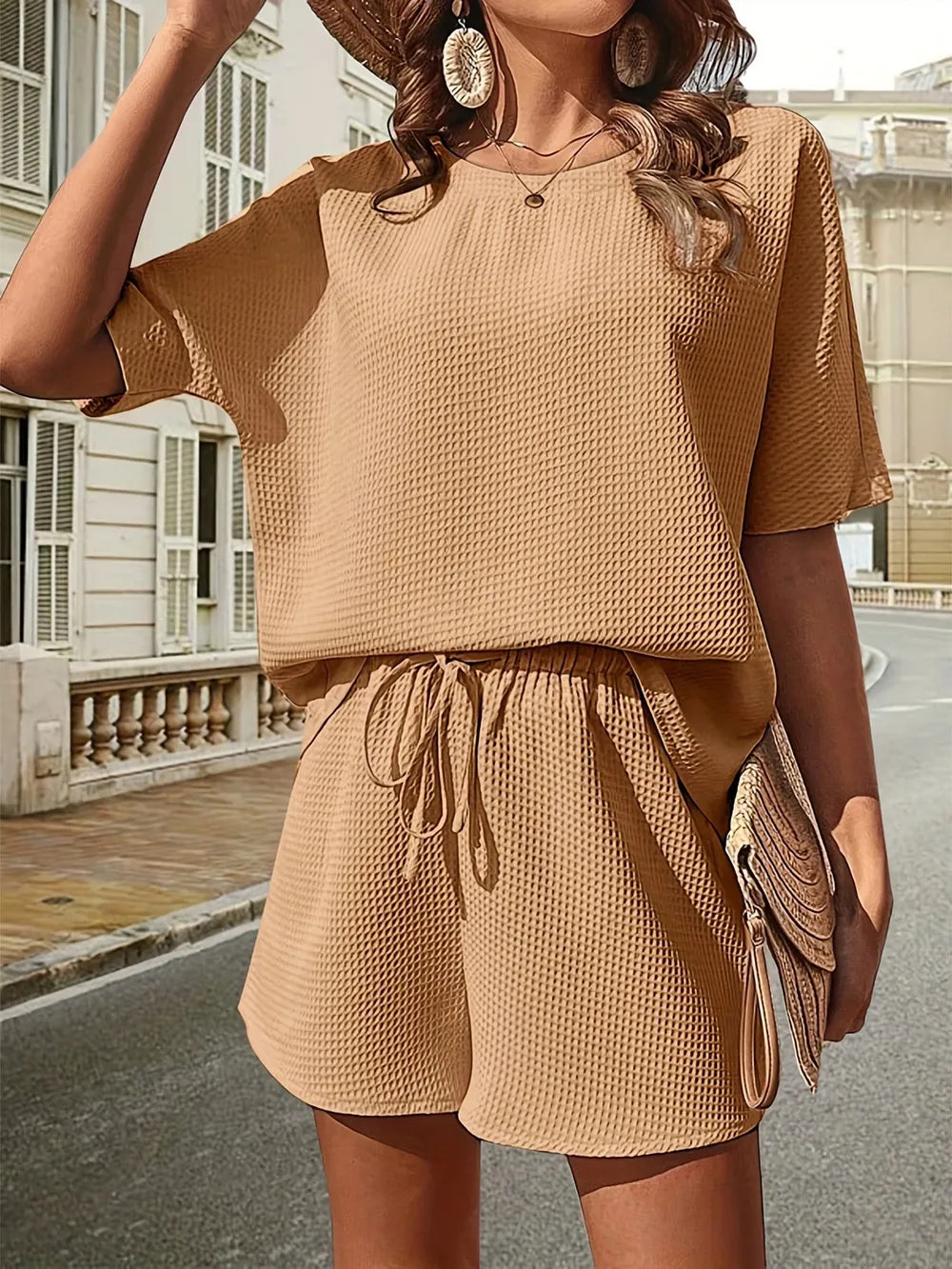 Waffle-Knit Half Sleeve Top and Shorts Set - Korvel