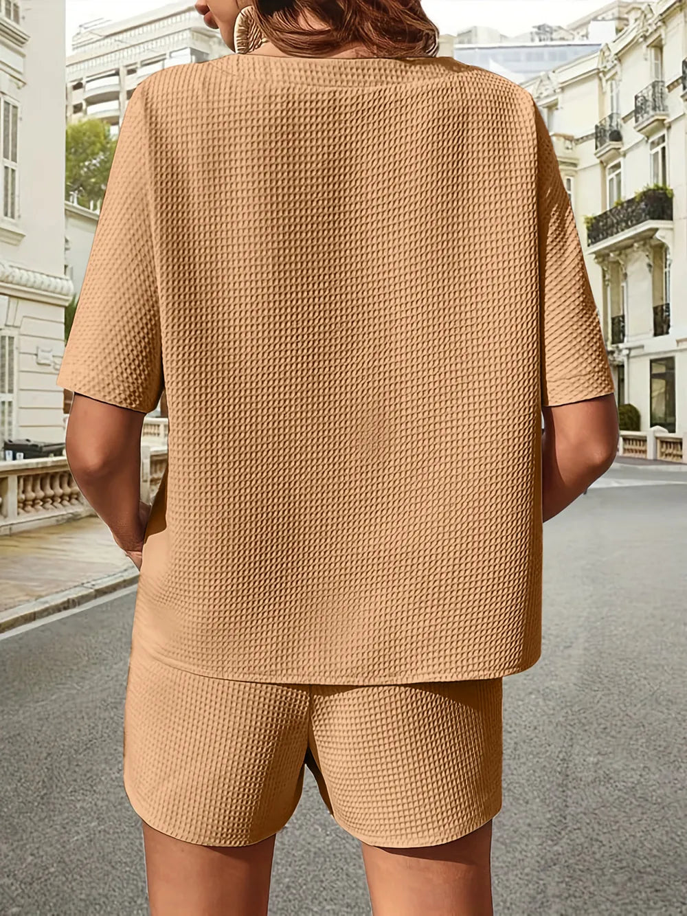 Waffle-Knit Half Sleeve Top and Shorts Set - Korvel