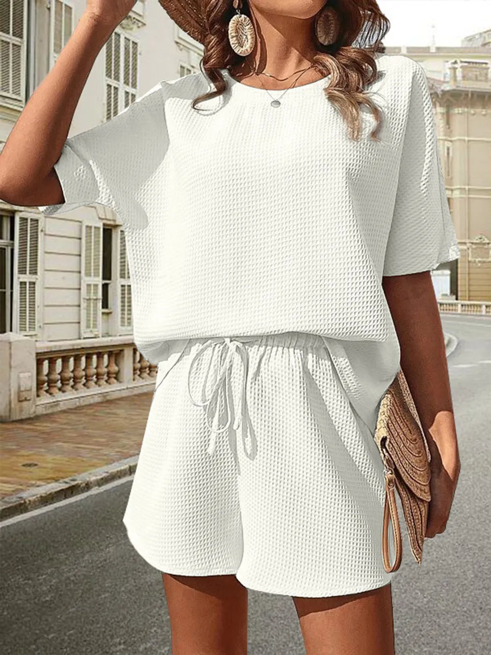 Waffle-Knit Half Sleeve Top and Shorts Set - Korvel