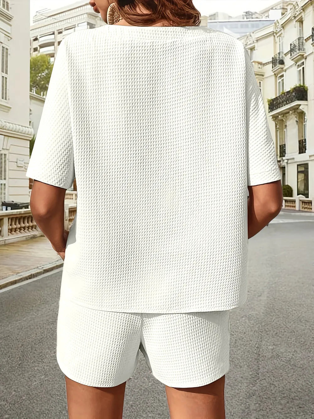 Waffle-Knit Half Sleeve Top and Shorts Set - Korvel