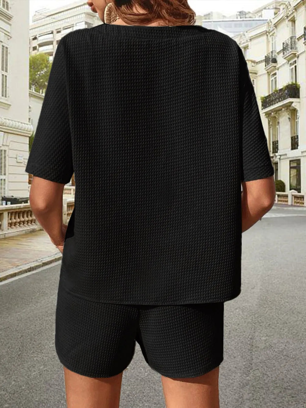 Waffle-Knit Half Sleeve Top and Shorts Set - Korvel