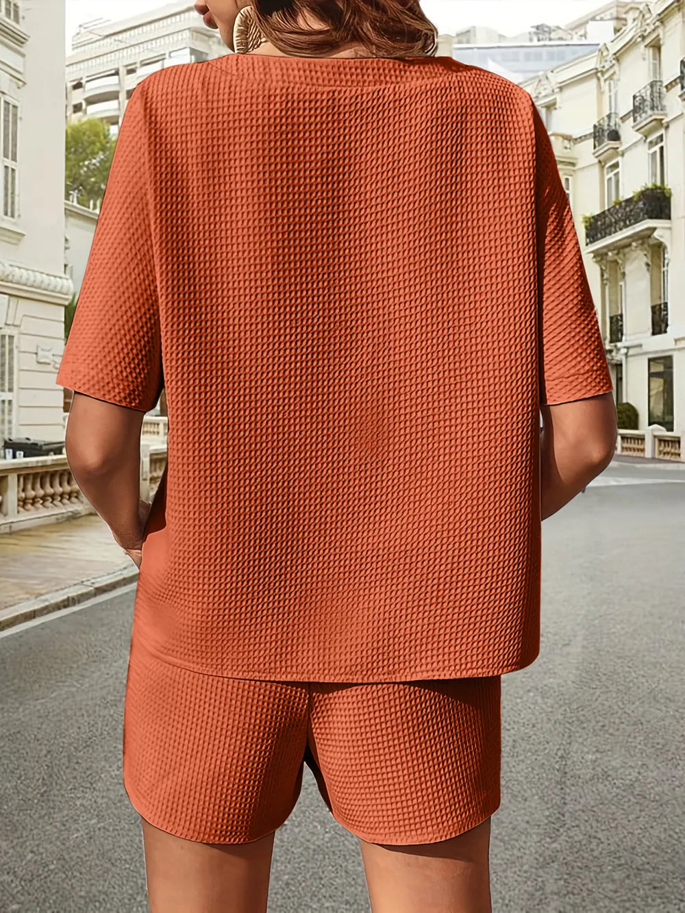 Waffle-Knit Half Sleeve Top and Shorts Set - Korvel