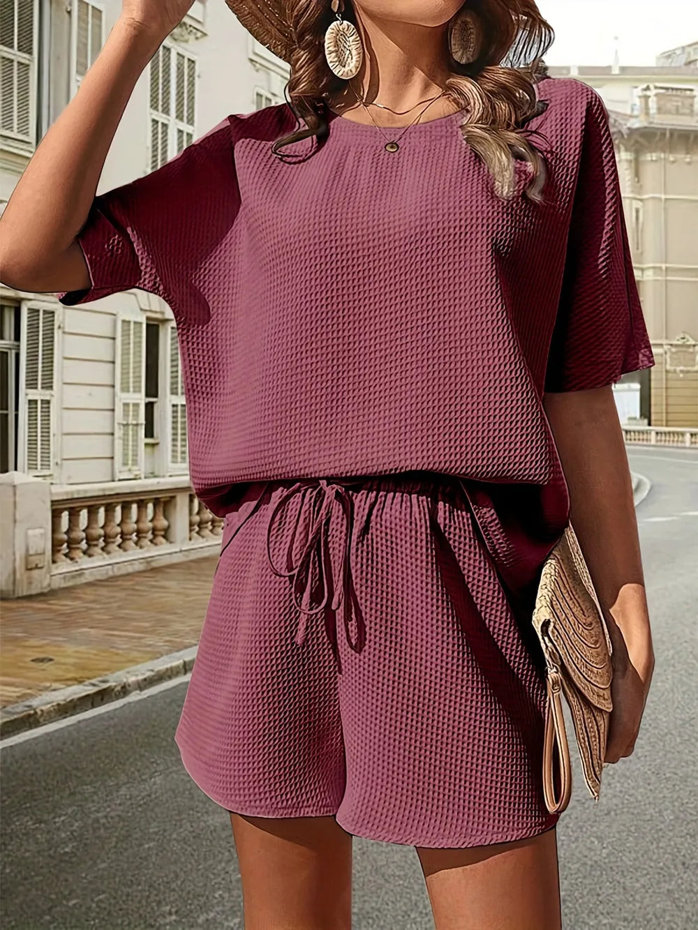 Waffle-Knit Half Sleeve Top and Shorts Set - Korvel