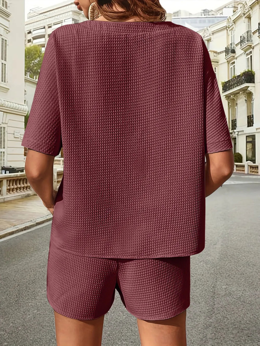 Waffle-Knit Half Sleeve Top and Shorts Set - Korvel