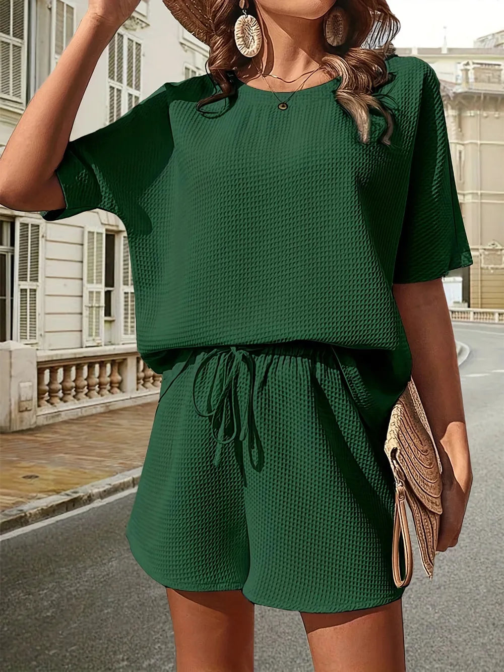 Waffle-Knit Half Sleeve Top and Shorts Set - Korvel