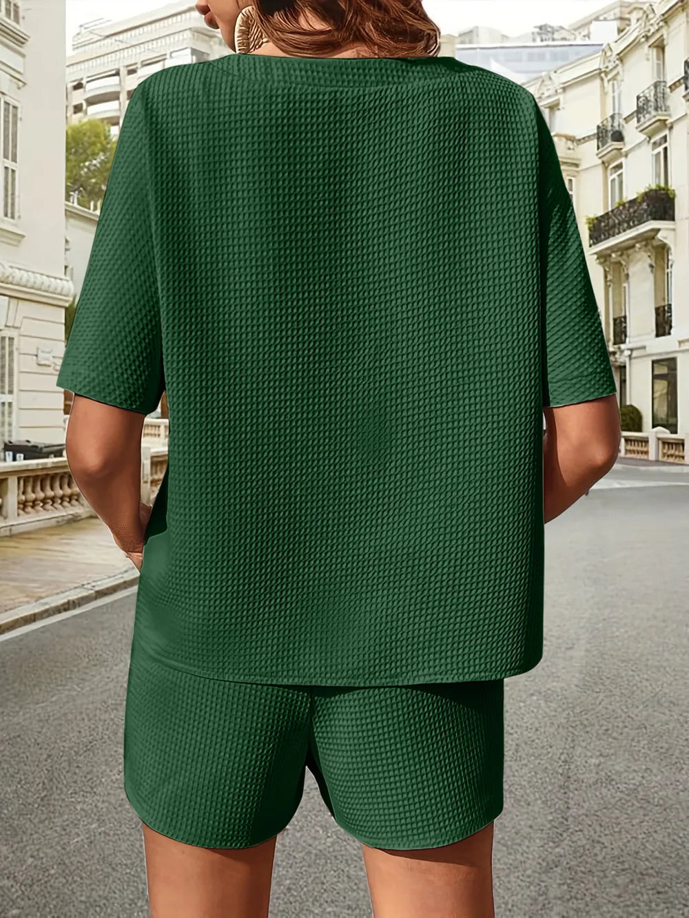 Waffle-Knit Half Sleeve Top and Shorts Set - Korvel