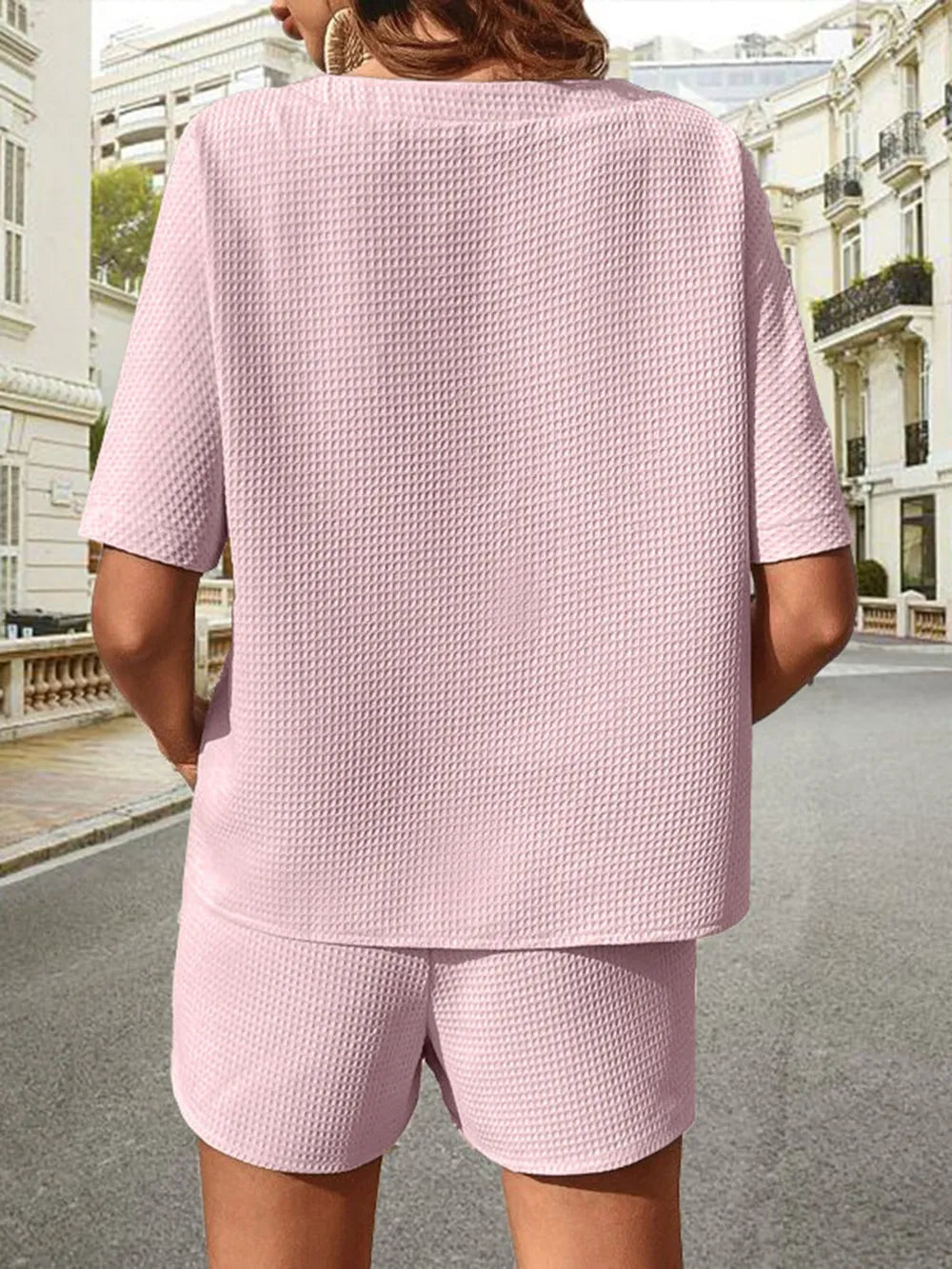 Waffle-Knit Half Sleeve Top and Shorts Set - Korvel